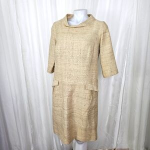 Lee Anderson Couture Vintage Tan Linen Tweed Burlap Textured Dress Small